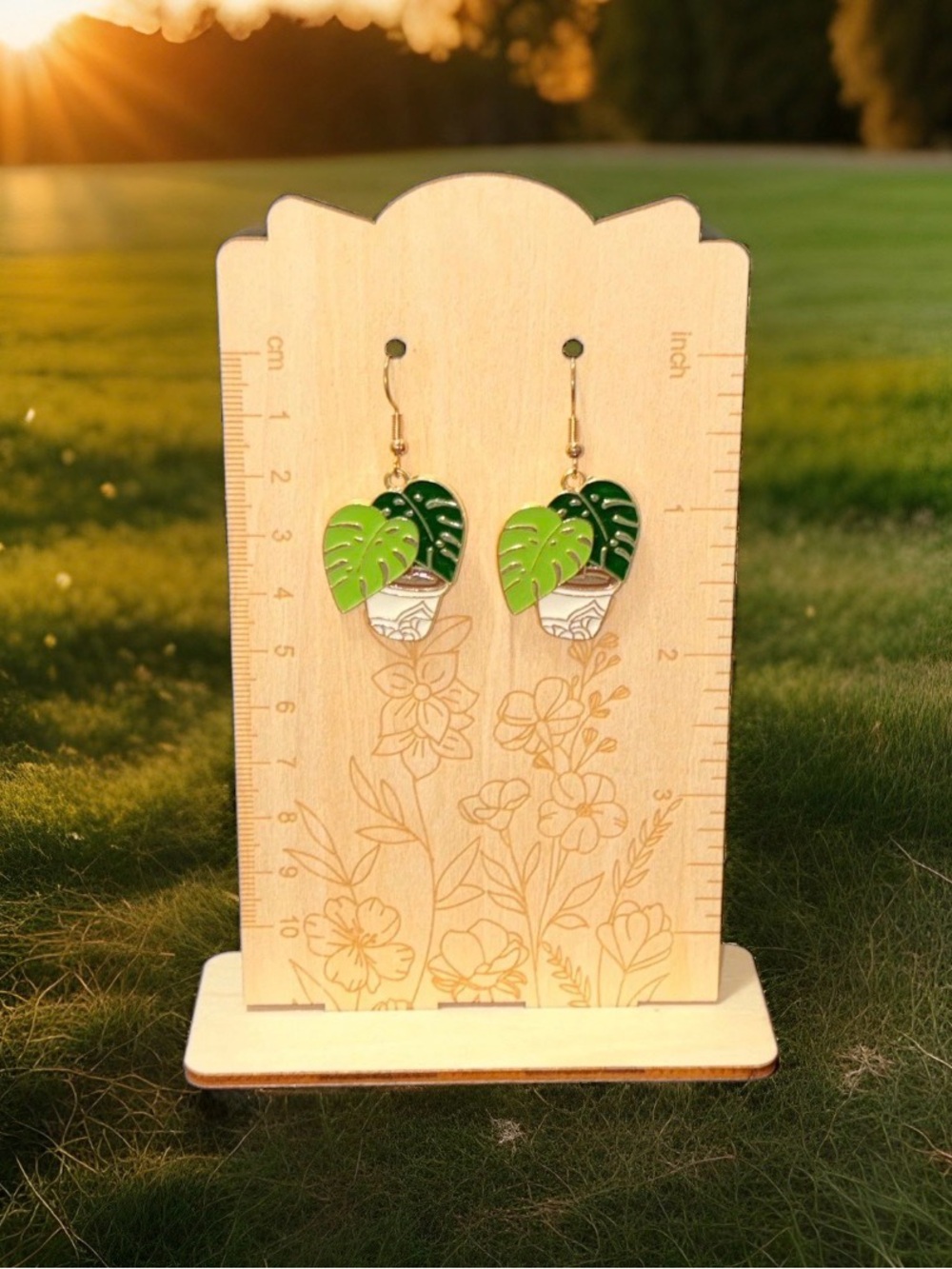 Monstera Plant Enamel Earrings Gold Tone Tropical Leaf Pot Dangle Green White